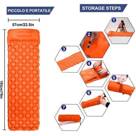 Matelas camping gonflable avec oreiller, dimensions 190x56x6 cm, pliable et imperméable pour randonnée, couleur orange, Fei Yu (1/5)