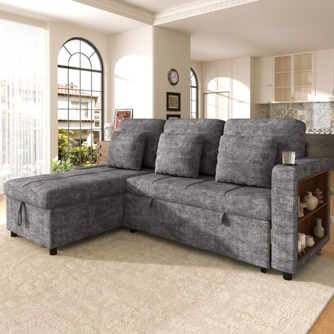 Canapé d’angle convertible en lit 201,3 cm 3 places avec méridienne coffre, porte-gobelet, étagère 2 niveaux, poches latérales, chenille gris (1/5)