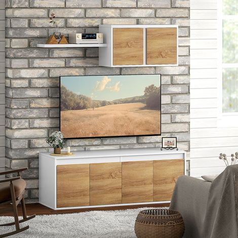 Meuble TV et armoire murale avec 7 étagères et une étagère ouverte, meuble TV en aggloméré, 120 x 41 x 43,3 cm, blanc et bois.