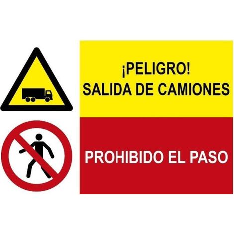 Señal combinada Peligro salida de camiones Prohibido el paso SEKURECO                 Adhesivo vinilo