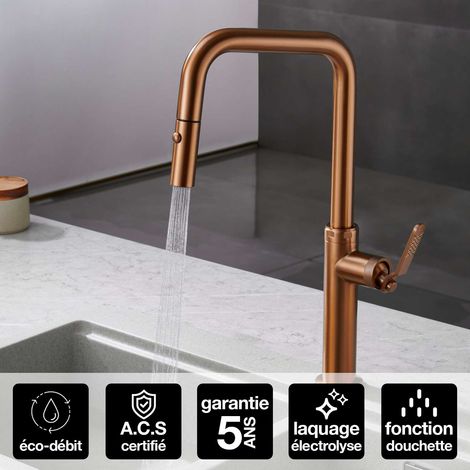 Robinet Mitigeur de Cuisine anti-calcaire avec Douche anti-calcairette Or Rose IMEX NIZA GCE027/ORC (1/4)