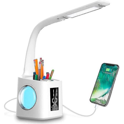 Lampe de bureau LED avec port de chargement USB, écran, calendrier et veilleuse couleur, lampe de bureau LED à intensité variable pour enfants (1/5)