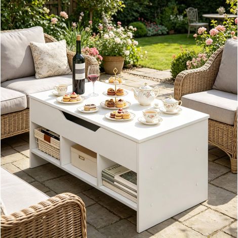 Tavolino trasformabile 96x45x51 cm bianco in legno e metallo con piano sollevabile e contenitore (1/5)