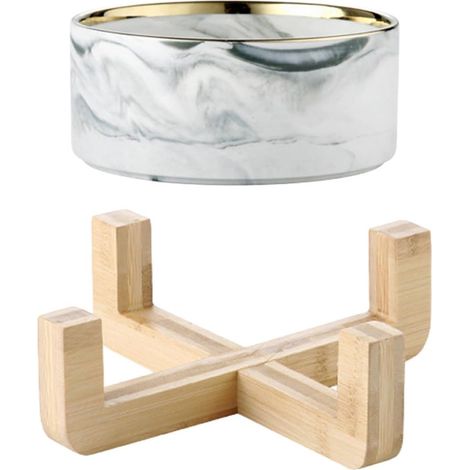Bol pour Chat en Céramique Motif Marbre Gris et Bord Doré Support en Bois (1/5)