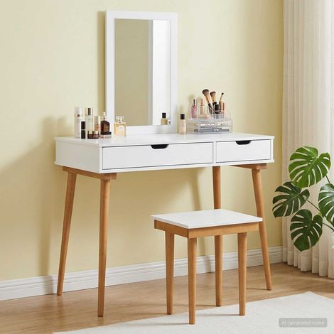 Coiffeuse 3 pièces avec miroir, 2 tiroirs, bois d’ingénierie blanc, 100 x 50 x 143 cm - PANGIVO (1/5)