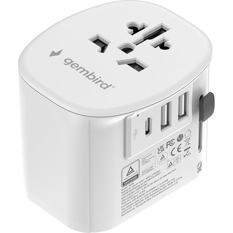 Adaptateur secteur de voyage universel avec mise à la terre Gembird TPA-EU2A1C15-01-W. 15 W. Blanc. (1/5)