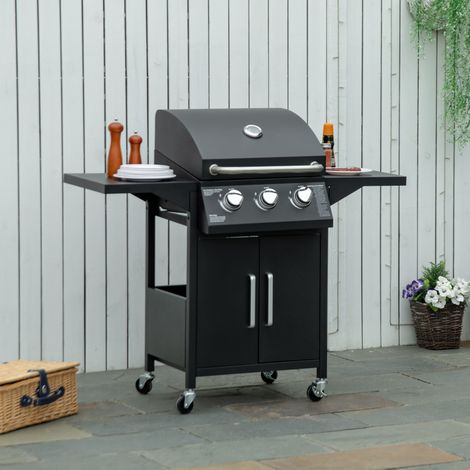 Barbacoa de Gas con 3 Quemadores 8,7 KW con 2 Mesas Laterales Armario de 2 Puertas 4 Ruedas y Frenos 121x55x109 cm Negro (1/5)
