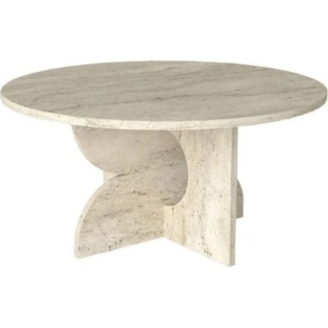 Tavolino Rotondo da Salotto Mara Effetto Travertino con Base Geometrica (1/5)