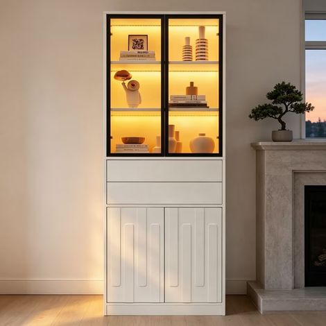 Vetrina espositrice led con 2 cassetti - 70x34x180 cm - armadio alto da soggiorno con ante in vetro e bluetooth led - credenza moderna per cucina e studio - bianco opaco (1/5)