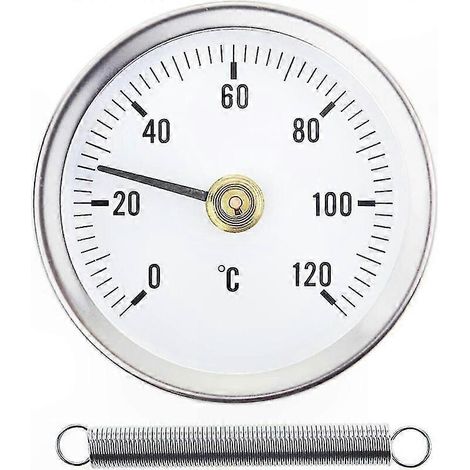 Bimetallthermometer aus Edelstahl, Skala 0–120 °C, federbelastet und mit Schlauchschelle befestigt, 63 mm Zifferblatt für Oberflächenmessungen (1/5)