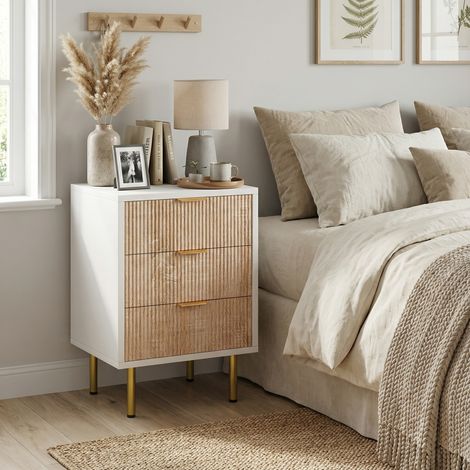 Set 2 comodini 3 cassetti, cassettiere e madie, comodini 40cm, design rigato in legno e bianco, mobile contenitore per camera, soggiorno, stile scandinavo moderno(Rovere Chiaro, 3 Cassetti) (1/5)
