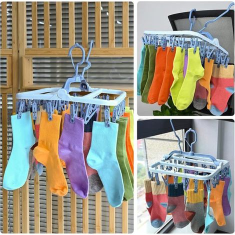 Étendoir à Linge à Suspendre avec 32 Pinces en à l’épreuve du Vent, Séchoir Chaussettes Pliable Lingerie (Bleu) (1/4)