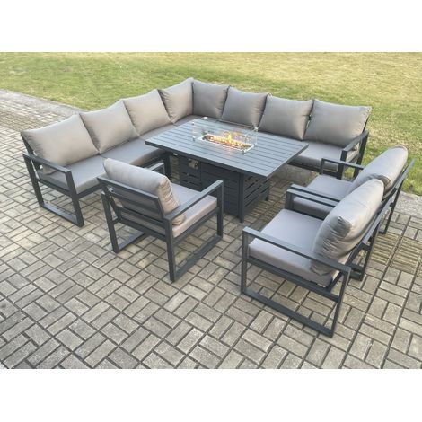Fimous Aluminium 9 Pieces Garden Furniture Corner Sofa Set with Cushions Gas Fire Pit Dining Table Set Gas Heater Burner with 3 Chairs Dark Grey (1/5)