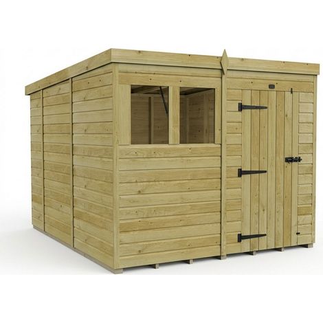 8ft x 10ft Pent Garden Shed Single Door With Windows - Pressure Treated Timber - L244 x W305 x H210 cm - Natural