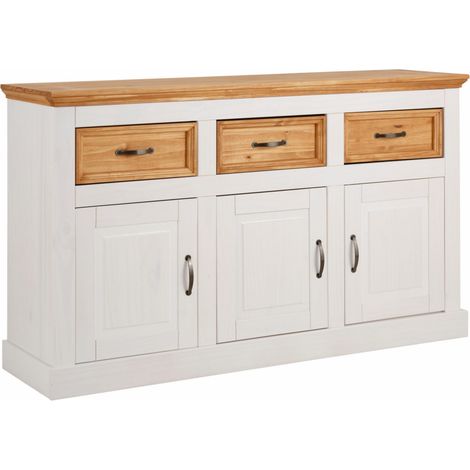 Buffet 3 portes 3 tiroirs en bois massif FSC – Effet pin teinté blanc – Poignées métal vieilli – Style maison de campagne moderne (1/5)