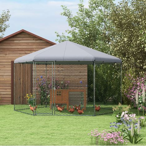 Enclos pour poules en acier avec toit, porte et dimensions 400 x 346 x 263 cm, gris OKWISH (1/5)