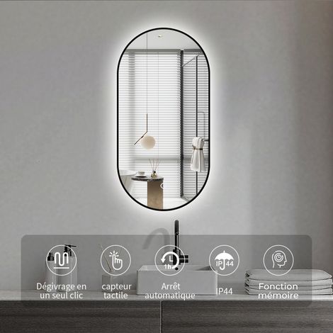 Miroir rectangle arrondi 50x100 cm lumière d'ambiance LED 2700 à 6000 K anti-buée cadre aluminium no