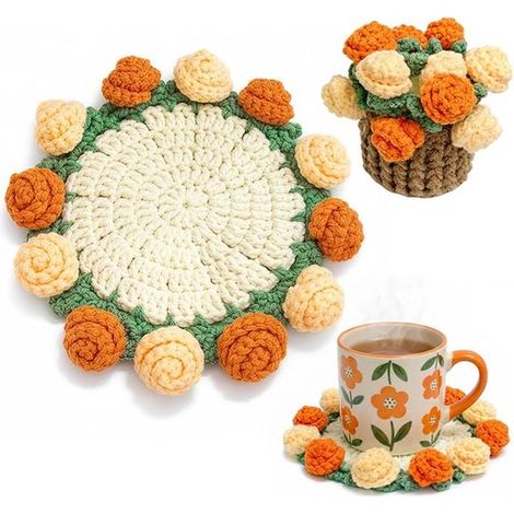 Posavasos con diseño de flores, Aislamiento térmico, Posavasos de algodón trenzado antideslizantes para vasos, Naranja y amarillo, 15 cm (1/5)