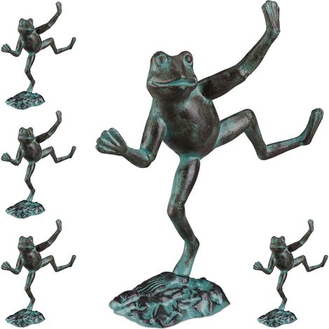 Set of 5 Relaxdays Garden Frog Figurines, Weatherproof, In- & Outdoor Toad, For Balcony, Pond, Cast Iron, Size L, Green