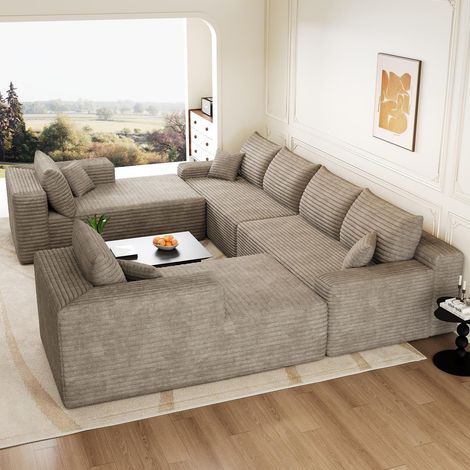 Sofá rinconera modular, gran sofá de salón moderno de pana 8 plazas, sofá de espuma cómodo sin estructura 302x242x83 cm, Camel (1/5)