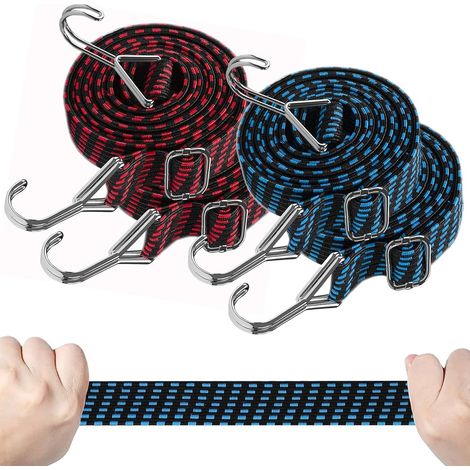 Juego de 4 cuerdas elásticas ajustables de 3 × 100 cm con ganchos, para camping, transporte en moto, bicicleta y coche. (1/5)