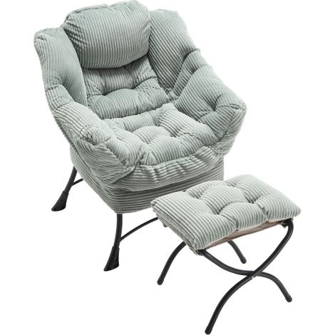 Fauteuil vert clair avec ottoman, accoudoirs et poche latérale (1/5)
