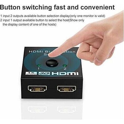 Boîtier de sélection HDMI, commutation à un bouton, commutateur HDMI manuel, entrée bidirectionnelle à 2 ports et sortie à 1 port, ou 1 source de signal vers deux écrans, prend en charge 4K, 3D et 108 (1/4)