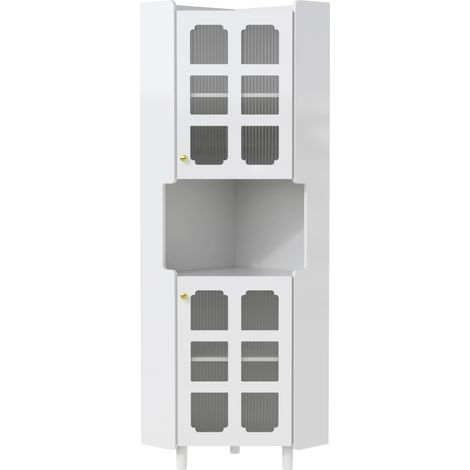 Armoire d'angle blanche en MDF avec finition laquée et éclairage LED contrôlé par application – meuble de rangement multifonction pour salon, salle de bain et chambre (1/5)