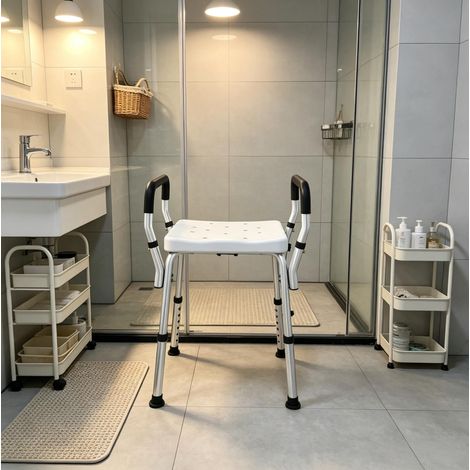 Silla de ducha regulable en altura con reposabrazos, aluminio y HDPE, 150 kg (1/5)