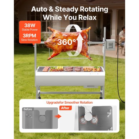Barbecue à Charbon avec Tournebroche Électrique 38 W, Rôtissoire à Charbon de Bois Capacité de Charge 60 kg, avec Roues et 7 Niveau… (1/5)