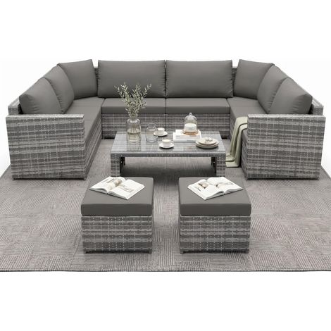 FurnitureR Rattan Outdoor Furniture Set, 7 Seater Garden Corner Sofa Set with Coffee Table & 2 Stools, Grey Patio Conversation Set with Cushions for Garden Balcony Conservatory