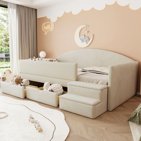 Lit enfant 90x190 cm en velours beige, avec rangement pour chambre, sans matelas FloraGrace (1/5)