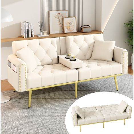 Divano letto 175x80x73.5 cm, schienale regolabile a 3 angoli, portabicchieri e tasca laterale, velluto beige (1/5)