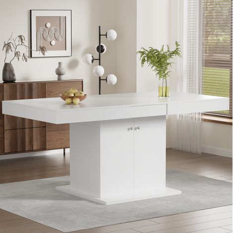 Mesa de comedor extensible 140x80x76 cm blanca en tablero aglomerado con almacenaje y apertura automática (1/5)