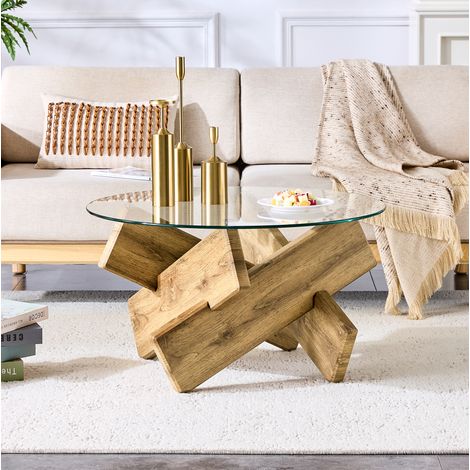 Table basse ronde 79x79x45 cm transparent et bois en MDF et verre avec piètement croisé (1/5)