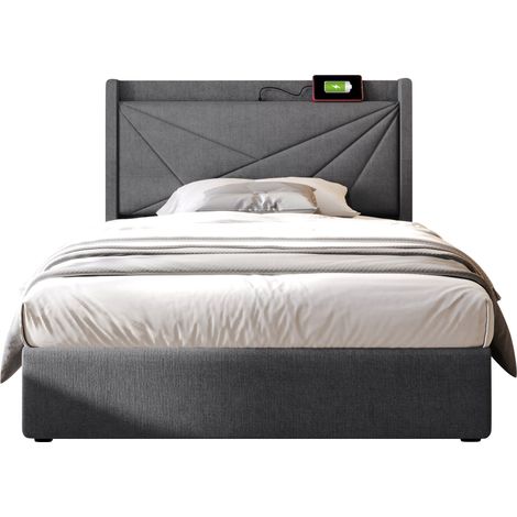 Lit capitonné simple coffre avec USB Type-C tête, lit coffre cadre lin, lit ado 90x200 avec sommier, matelas non inclus, gain de place, pour chambre ado (1/5)