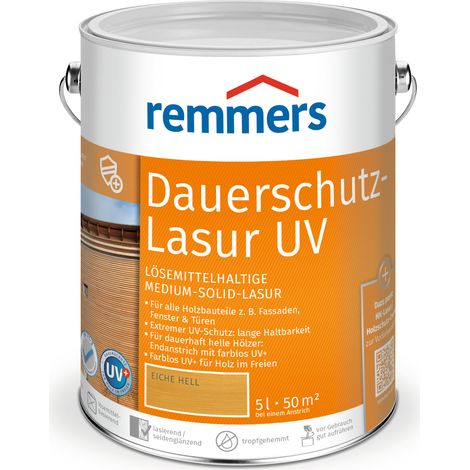 Remmers Dauerschutz-Lasur UV eiche hell, 5 Liter, Holz UV-Schutz für außen, auch für helle Farbtöne und farblos UV+, blockfest, wetterbeständig (1/5)