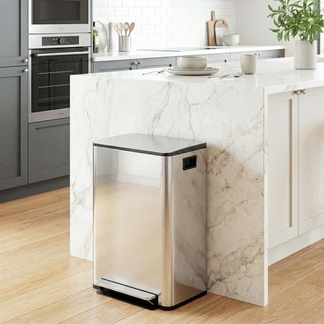 Poubelle de cuisine de 30 litres avec 2 compartiments, pédale, en acier inoxydable, couvercle à fermeture amortie (1/5)