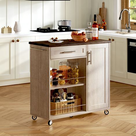 Chariot de cuisine 90 x 62 x 90 cm en effet bois naturel avec tiroir, placard et roulettes (1/5)
