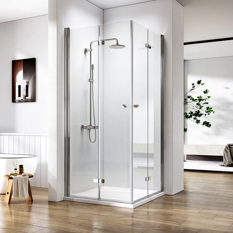 Heilmetz Eckeinstieg Duschkabine Rahmenlos Falttür, Doppelt Duschtür Duschwand 6mm ESG Klares Sicherheitsglas 80x80x185cm (1/5)