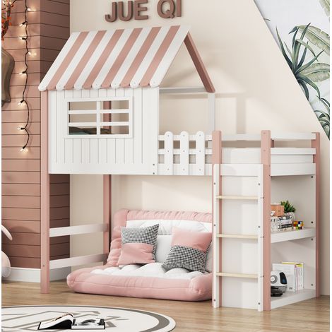 MODFU – Cama alta infantil 90x200 cm de pino y MDF con techo, escalera de seguridad, compartimento, carga 120 kg y 25 lamas – Rosa (1/5)