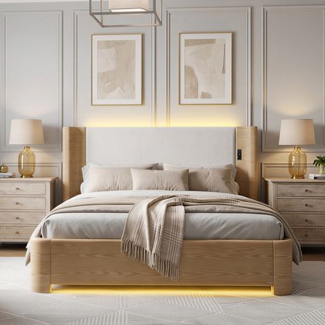 Lit coffre 180x200 cm - Avec tête de lit avec LED - En velours - Beige - Sans matelas (1/5)