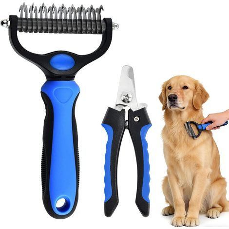 Coupe Ongle Chat Acier Inoxydable Coupe Ongle Chien pour Coupes Griffes Et Coupes Ongle Brosse Chat Recto Verso Peigne Chien pour Enlever Sous Poils Tomentose Animaux De Compagnie (Bleu) (1/5)