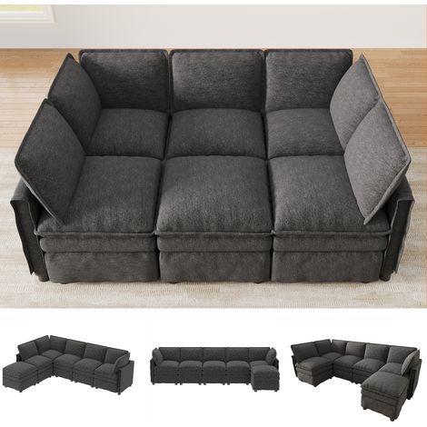 Canapé d'angle convertible XXL en U/L avec pouf amovible,double coussin d'assise,canapé convertible 6 places en chenille,gris (1/5)