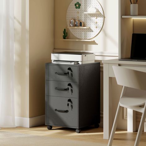 Caisson Bureau Mobile 3 Tiroirs Verrouillables, Rangement Roulettes, 40 x 40 x 69,5 cm, Noir (1/5)