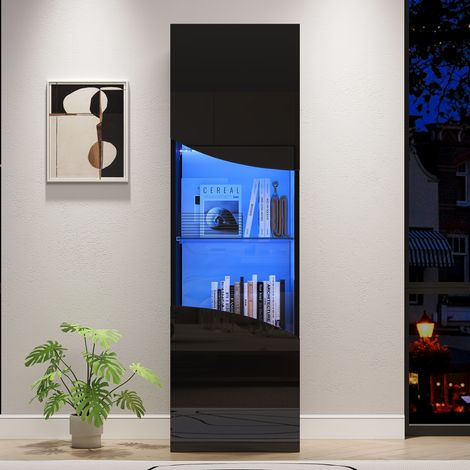 Vitrine salon LED 50 x 35 x 165 cm, armoire de rangement avec portes brillantes, façade ondulée, noir