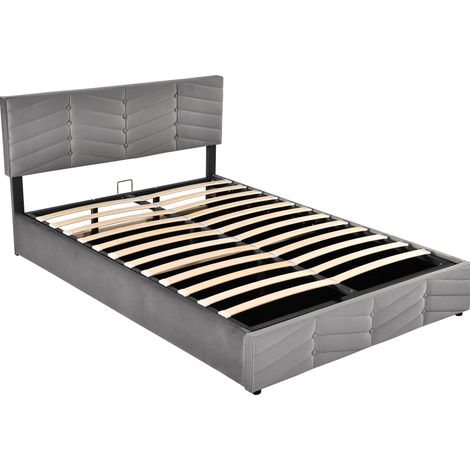 Hydraulisches Doppelbett aus grauem Samt 140 x 200 mit verstellbarem Kopfteil (1/5)