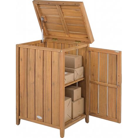 Coffre de Jardin en Bois d'Acacia, Couvercle Ouvrant & Étagère Amovible, Cache Poubelle, Boîte de Livraison, pour Porche, Jardin, 46 x 57 x 86 cm (1/5)