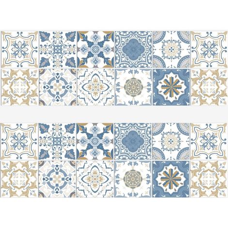 Lot de 24 carreaux adhesifs pvc jaune et bleu stickers muraux decoratifs cuisine salle de bain 10x10cm (1/5)
