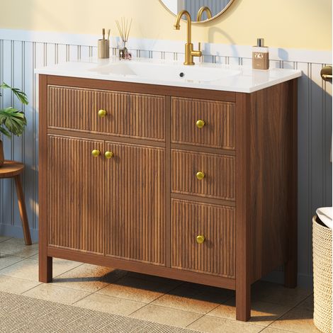 Mueble de baño con lavabo 91x48x88 cm MDF y cerámica nogal – MEUBLIV (1/5)